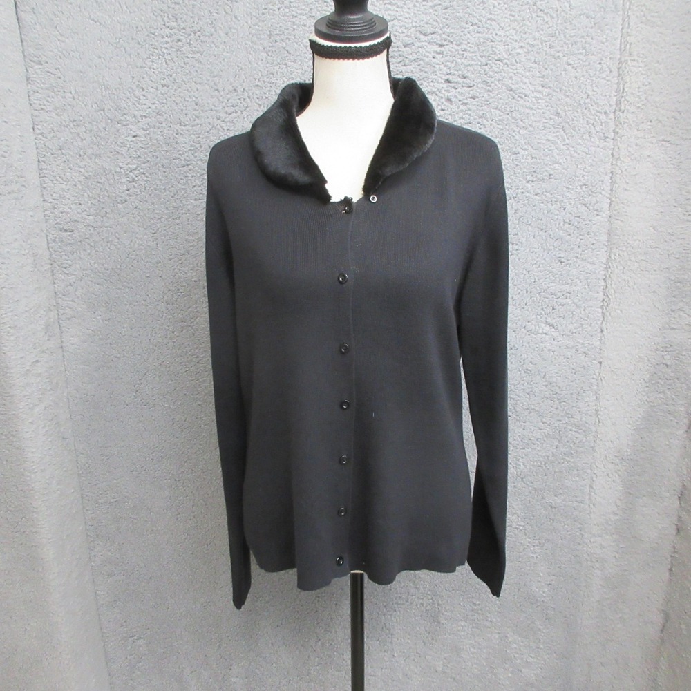 Vintage 90s Faux Fur Collar Cardigan Womens L Black Quiet Luxury Glam Old Money